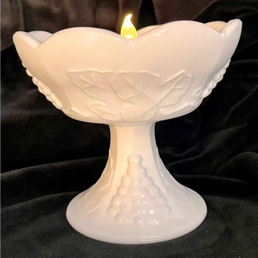 Indiana Glass Colony Harvest White Milk Glass Pedestal Candle Holder Grape VTG